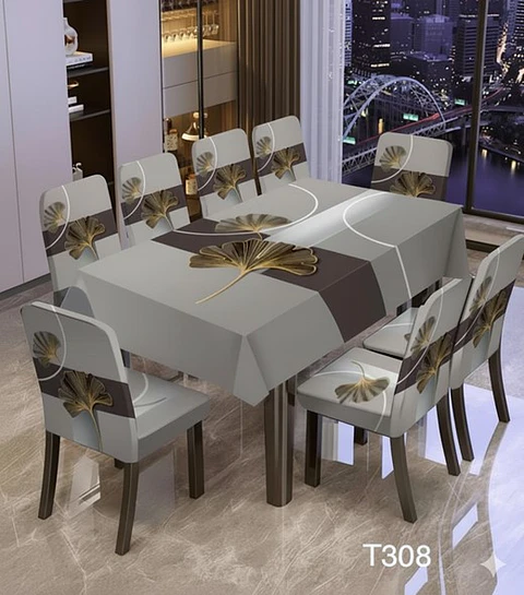 SET MANTEL TELA POLIESTER CON 8 FUNDAS DE SILLAS ELÁSTICADAS
