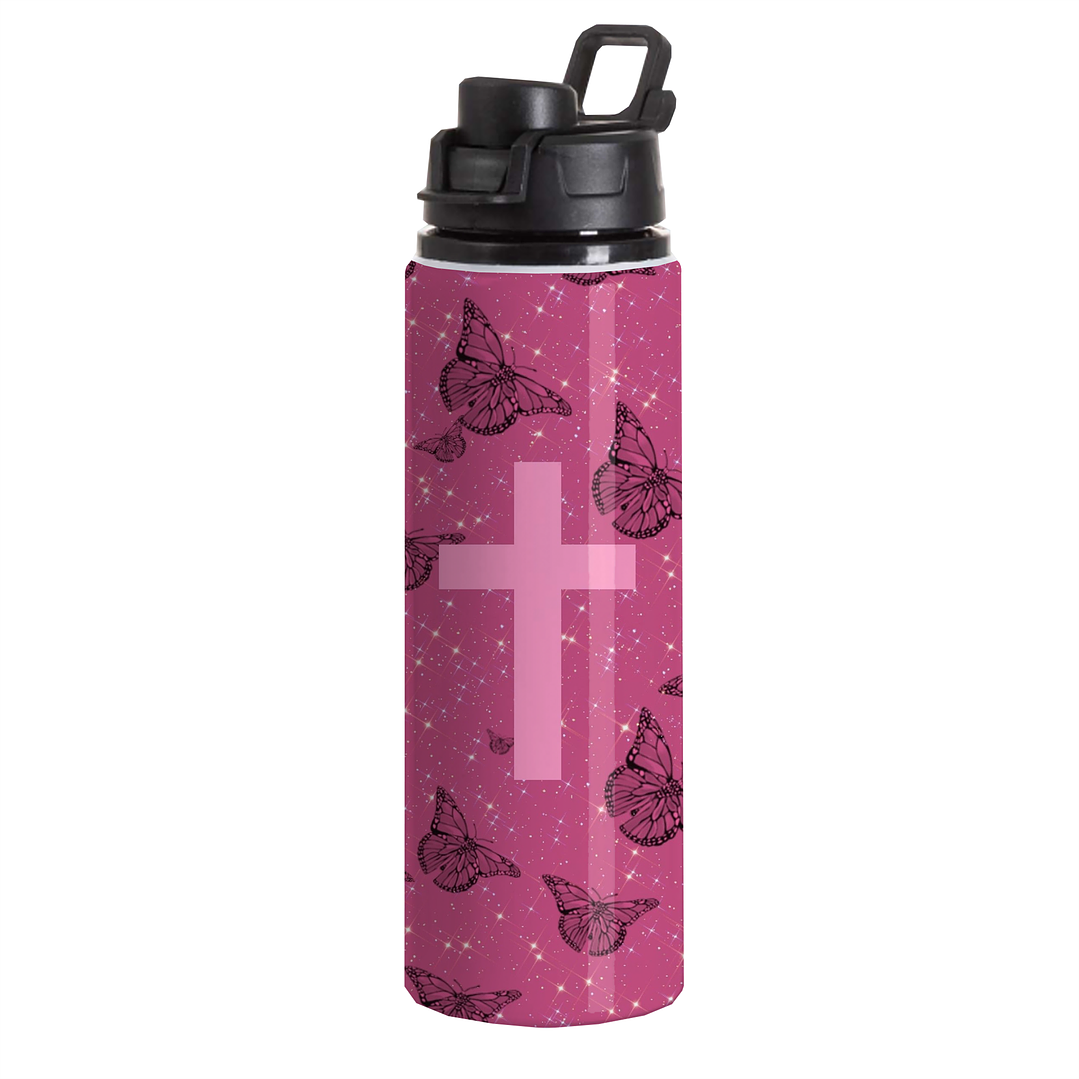 Botella Aluminio Tapa Click Cruz Mariposas 1