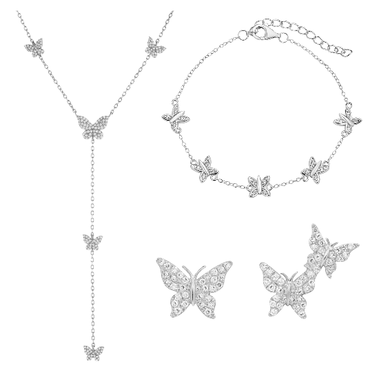 Collar + pulsera + aros mariposas
