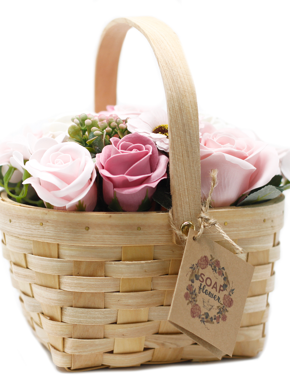 Ramo de flores de sabão em cesta de vime 4