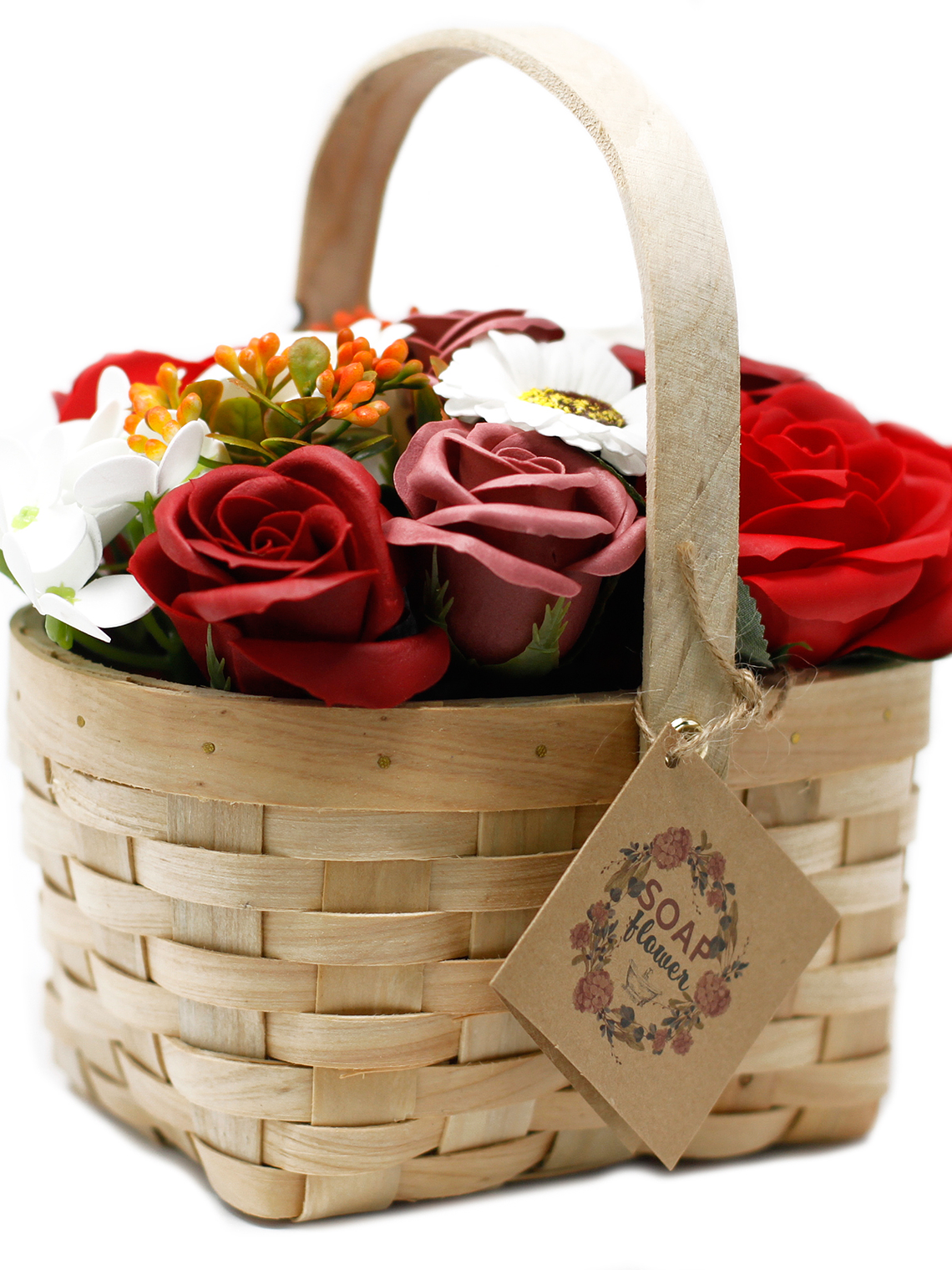 Ramo de flores de sabão em cesta de vime 5