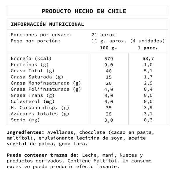 Avellanas semi amargo s/a 220gr / no es pecado