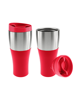 COFFE MUG PLÁSTICO CON BANDA DE ACERO INOXIDABLE 470ML. - ROJO