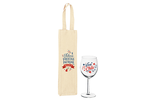 Bolsa de Algodón Fiestas Patrias para Botella de Vino + Copa