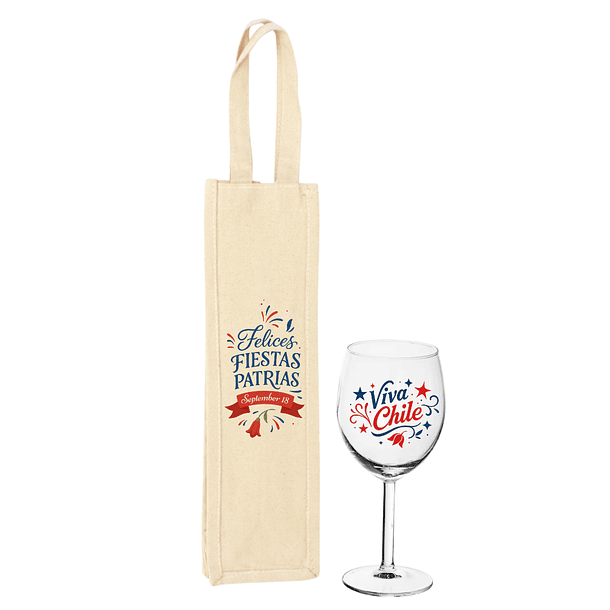 Bolsa de Algodón Fiestas Patrias para Botella de Vino + Copa