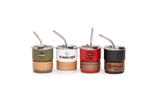 Vaso Térmico metálico 300cc. con Bombilla y Grip de Madera.