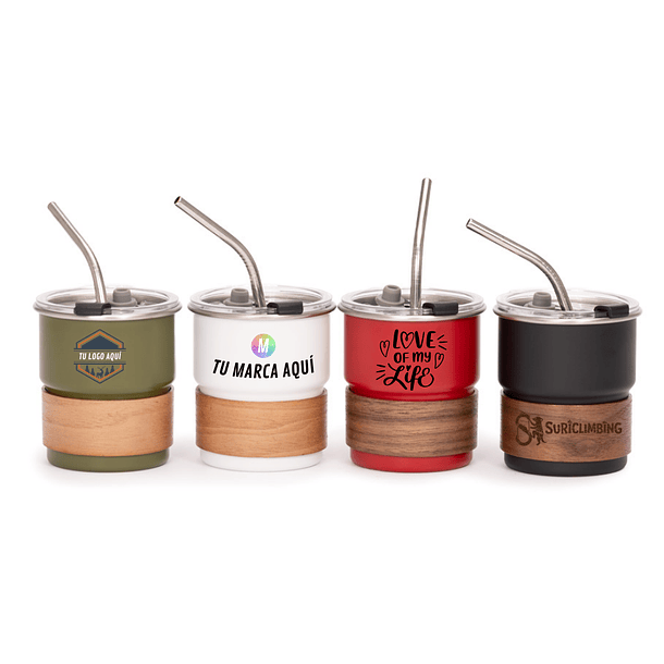 Vaso Térmico metálico 300cc. con Bombilla y Grip de Madera. 1