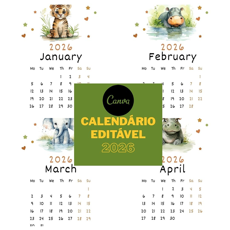 Calendário 2026 Editável no canva floresta 1