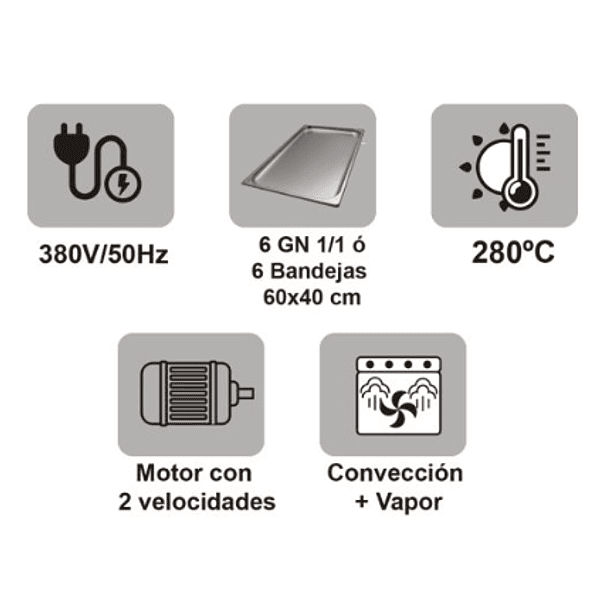 Horno Convector Eléctrico Trifásico, Capacidad Bandejas 10 GN1/1 – 10 B: 600×400 Mm