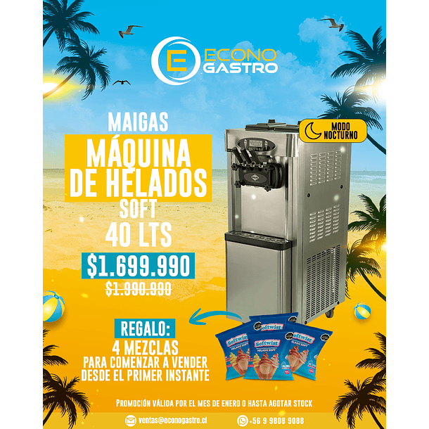 Máquina de Helados soft 40 lt. con MODO NOCTUNO