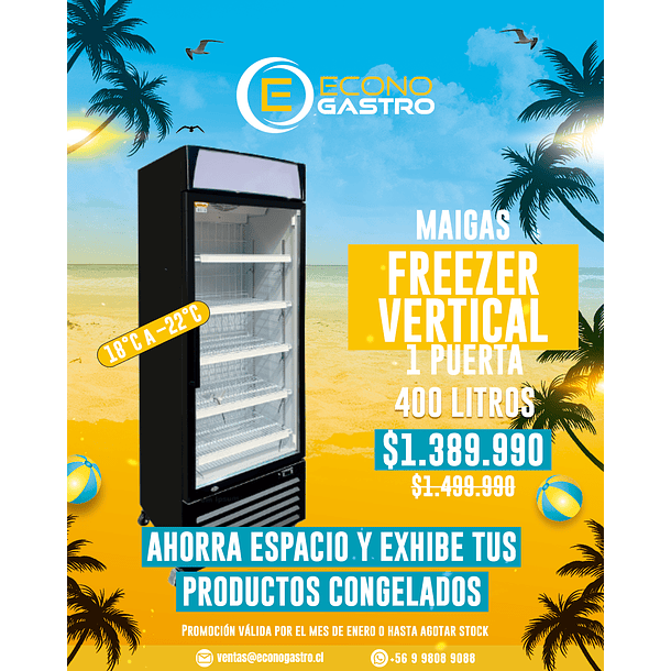 Freezer Vertical 400 Lts Puerta de Vidrio Maigas