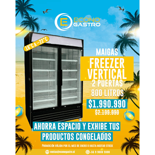Freezer Vertical 800 Lts Puerta de Vidrio Maigas