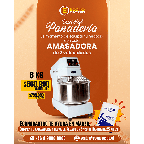 Amasadora Ecobeck 8 Kilos 2 Velocidades