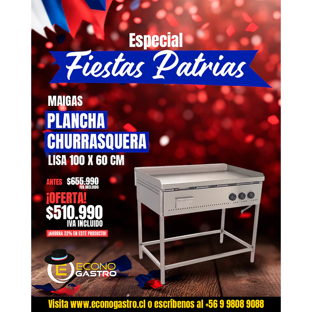 Plancha Churrasquera lisa 100x60cm Maigas