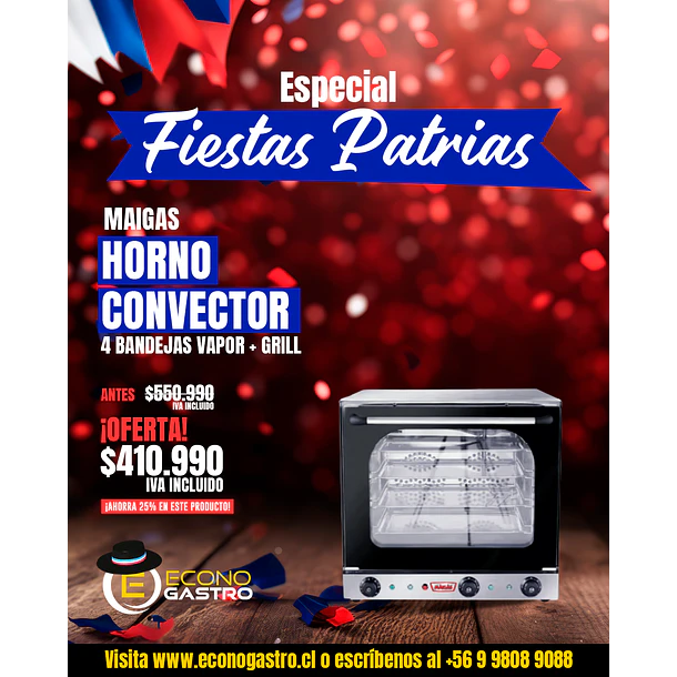 Horno Convector 4 B. Vapor + Grill Maigas 