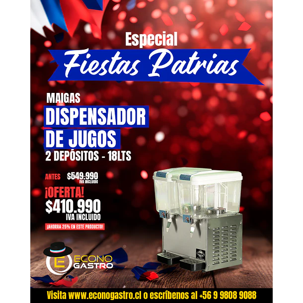 Dispensador De Jugos 2 Depósitos De 18 Lts. Maigas