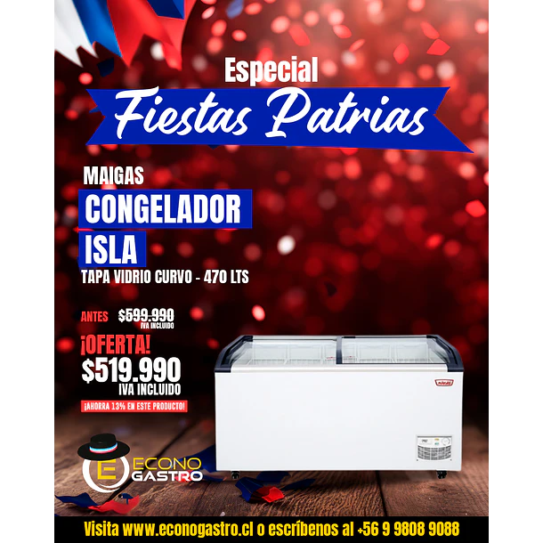 Congelador Isla Tapa De Vidrio Curvo 520 Lts. 1500x675x850 Mm.