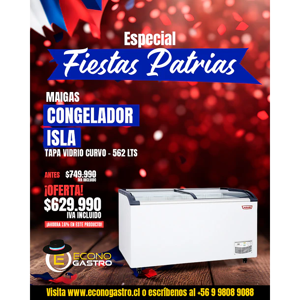 Congelador isla tapa de vidrio curvo 562 lts. 1750x675x850 mm.