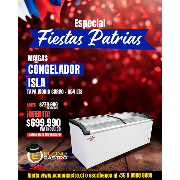 Congelador Isla Tapa De Vidrio Curvo 654 Lts. Maigas
