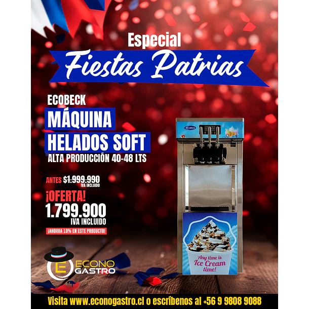 MAQUINA DE HELADOS SOFT ALTA PRODUCCION MODELOS 40-48 Lts