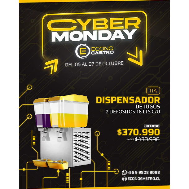 Dispensador de Jugos de 2 Depósitos 18Litros c/u