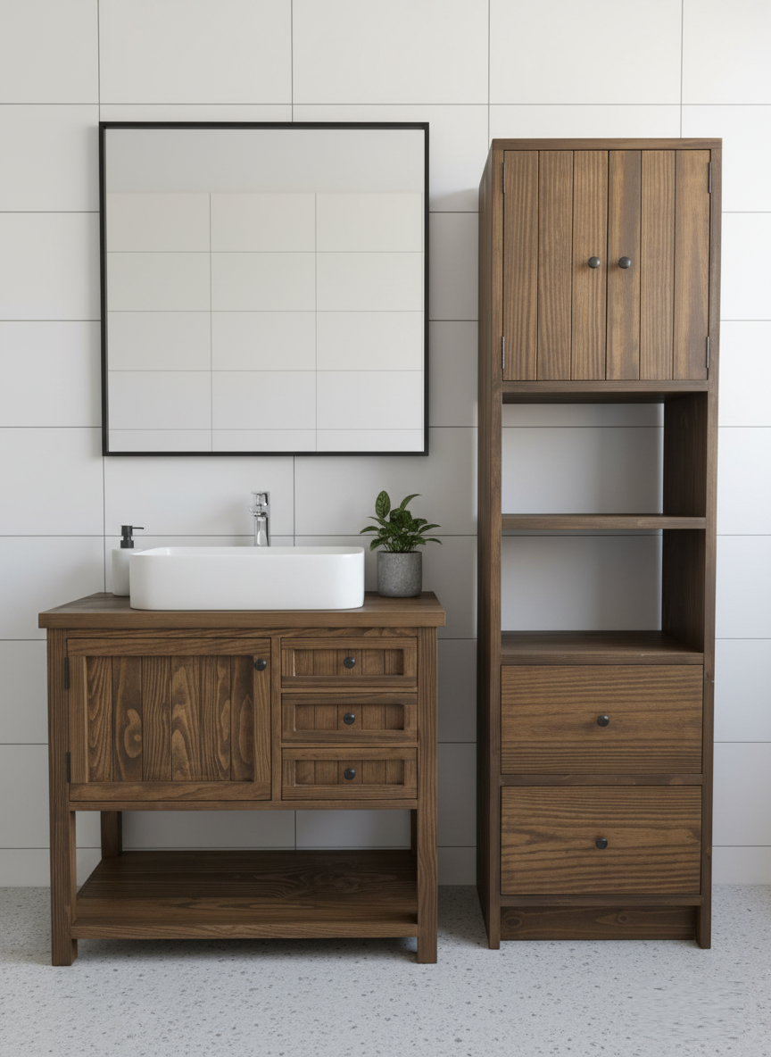 Conjunto rústico de WC em madeira maciça