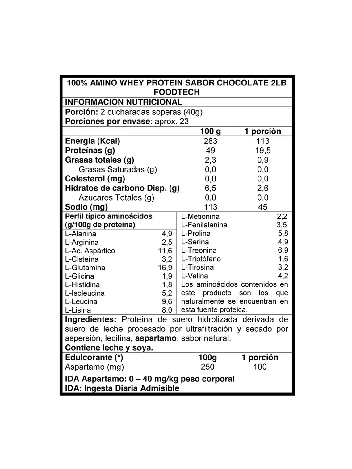 100% Amino Whey Protein 2lbs Chococlate - Foodtech 2