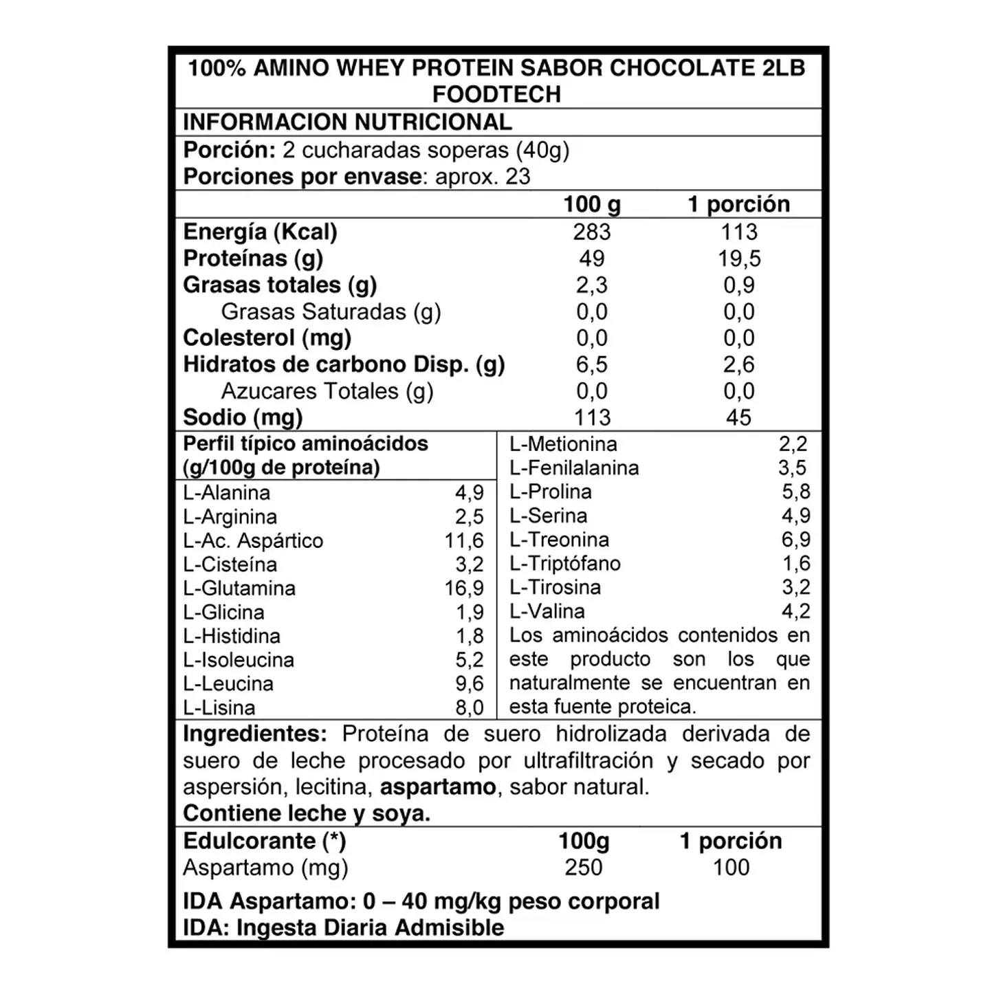 100% Amino Whey Protein 2lbs Chococlate - Foodtech 2