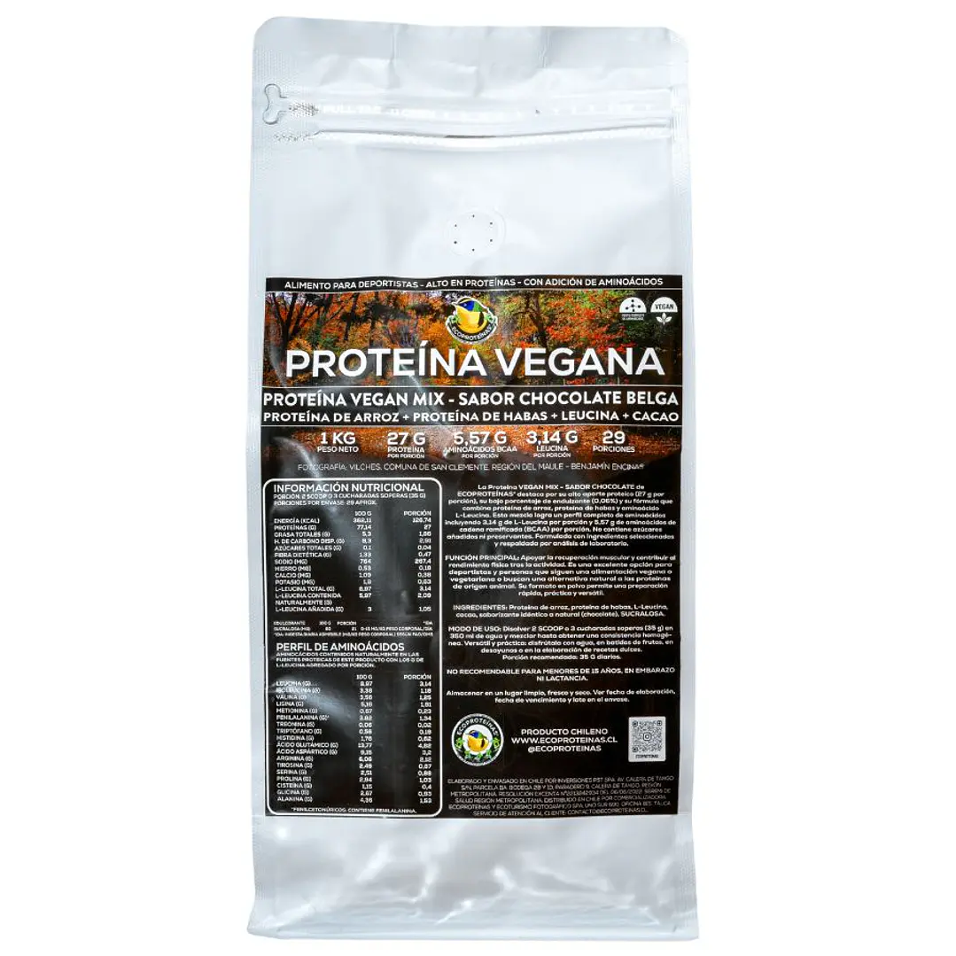 Proteína Vegan Mix Sabor Chocolate 1 kg (Proteína de Arroz + Proteína de Habas + Leucina + Cacao) – EcoProteínas® 1