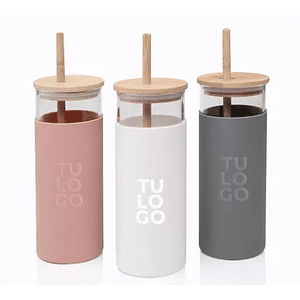 Vaso con tapa y sorbete bamboo con logo personalizado