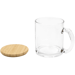 Taza de vidrio con tapa de Bambú  con logo