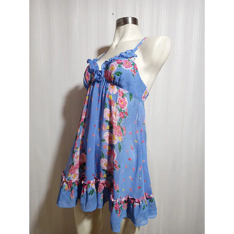 Vestido Baby Doll Floral Celeste Translúcido Marca BETSEY JOHNSON  Talla M 1