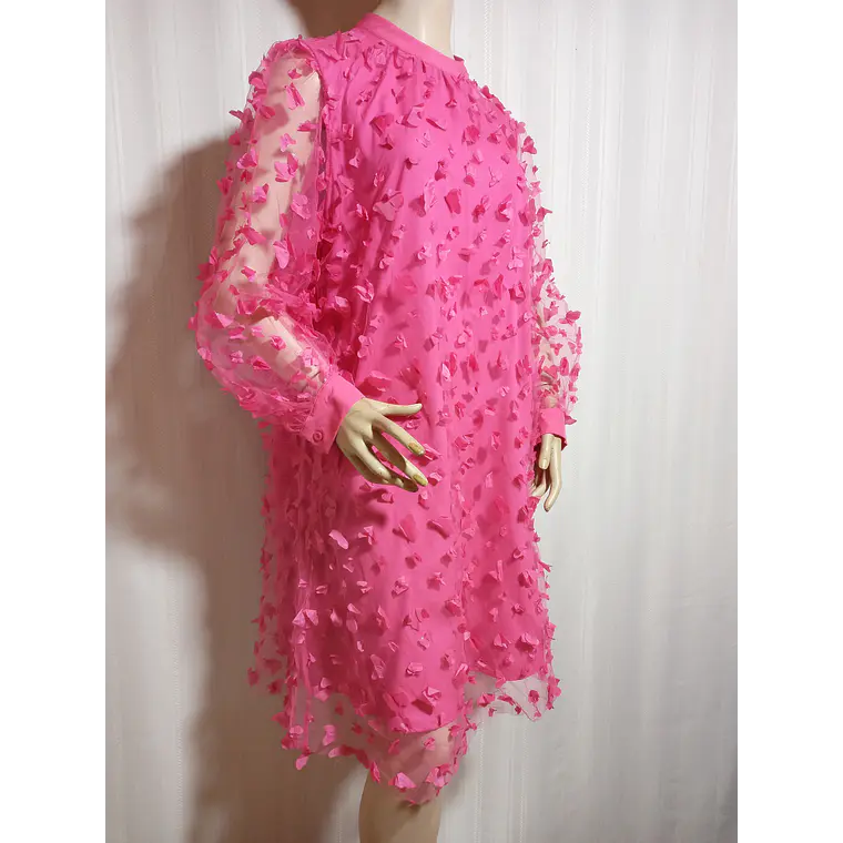 Vestido Mujer Fucsia con Aplicaciones Florales en Relieve Talla M Segunda Mano 2