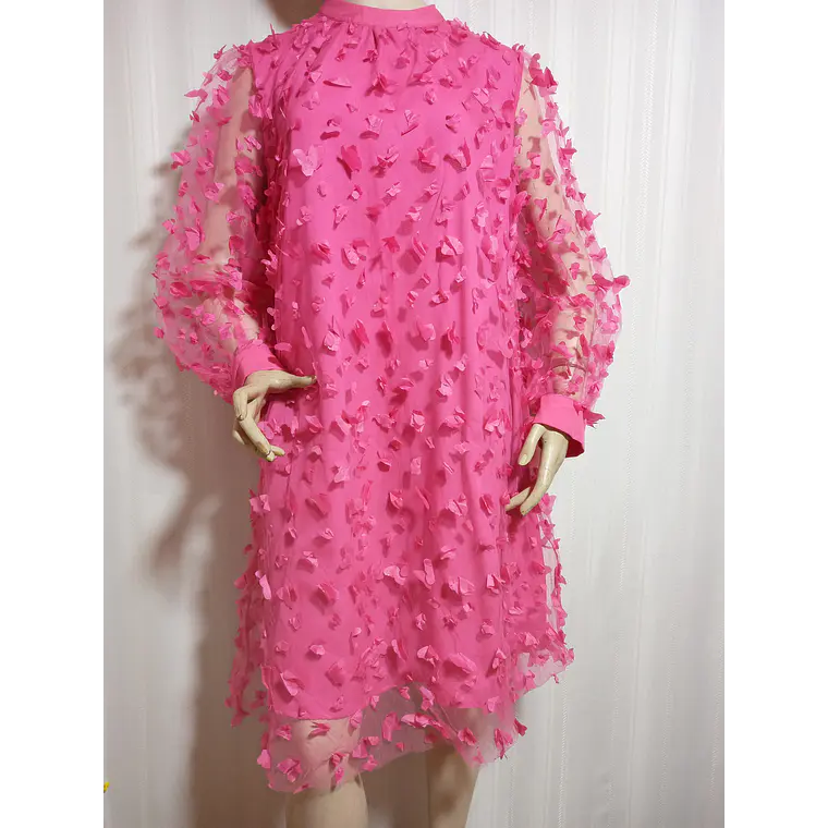 Vestido Mujer Fucsia con Aplicaciones Florales en Relieve Talla M Segunda Mano 3