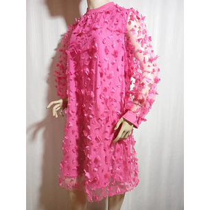 Vestido Mujer Fucsia con Aplicaciones Florales en Relieve Talla M Segunda Mano