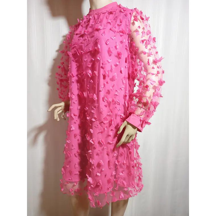 Vestido Mujer Fucsia con Aplicaciones Florales en Relieve Talla M Segunda Mano 1