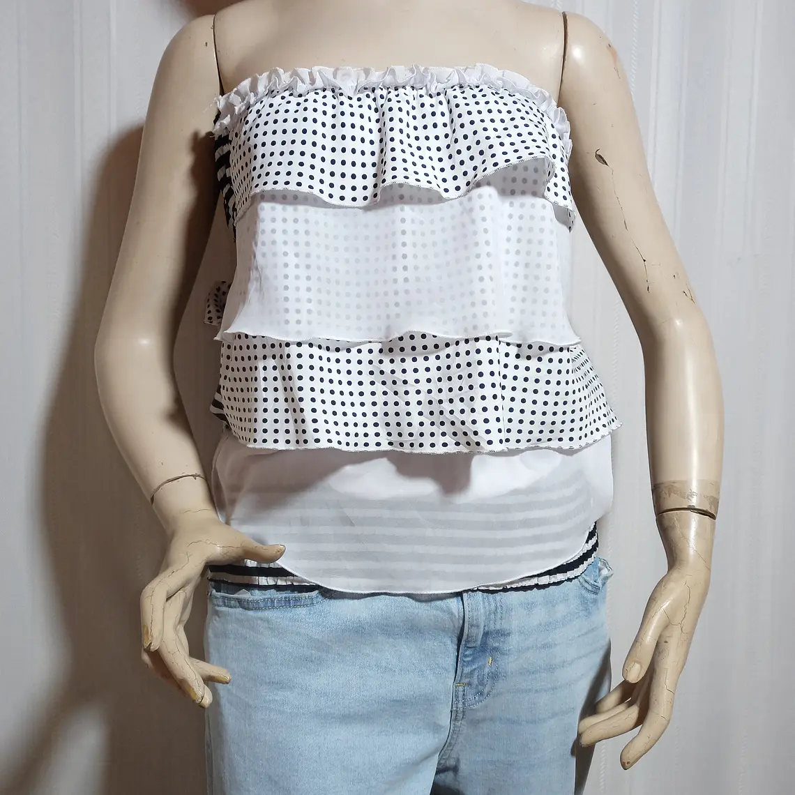 Blusa Mujer Strapless Lunares Azul Blanco Fun & Fun Talla 40 1