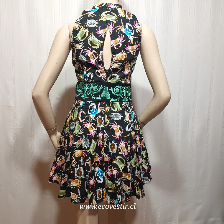 Vestido Cuello Alto Estampado Cangrejo Negro Mujer Talla M 4