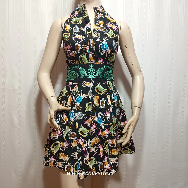 Vestido Cuello Alto Estampado Cangrejo Negro Mujer Talla M 2