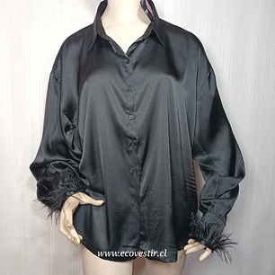 Blusa Satinada Negra con Plumas PrettyLittleThing - Talla 44