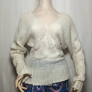 Sweater Punto Calado con Escote en V y Trenzas – Crudo Benetton
