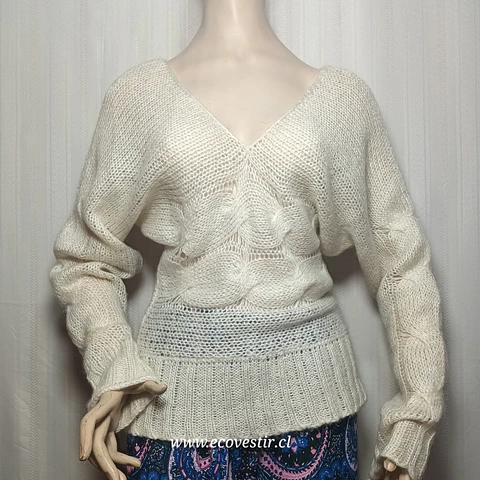 Sweater Punto Calado con Escote en V y Trenzas – Crudo Benetton