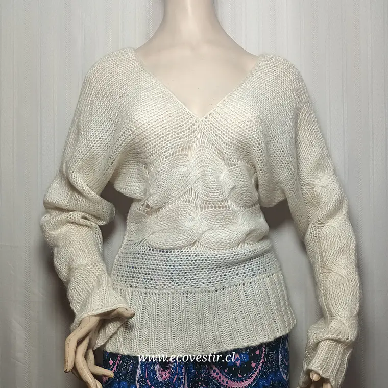 Sweater Punto Calado con Escote en V y Trenzas – Crudo Benetton 1