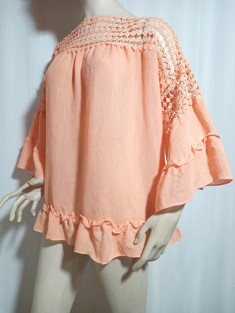 Blusa Romántica Boho con Encaje Calado y Mangas Acampanadas – Lifestyle Attitude Talla 2X / Plus Size