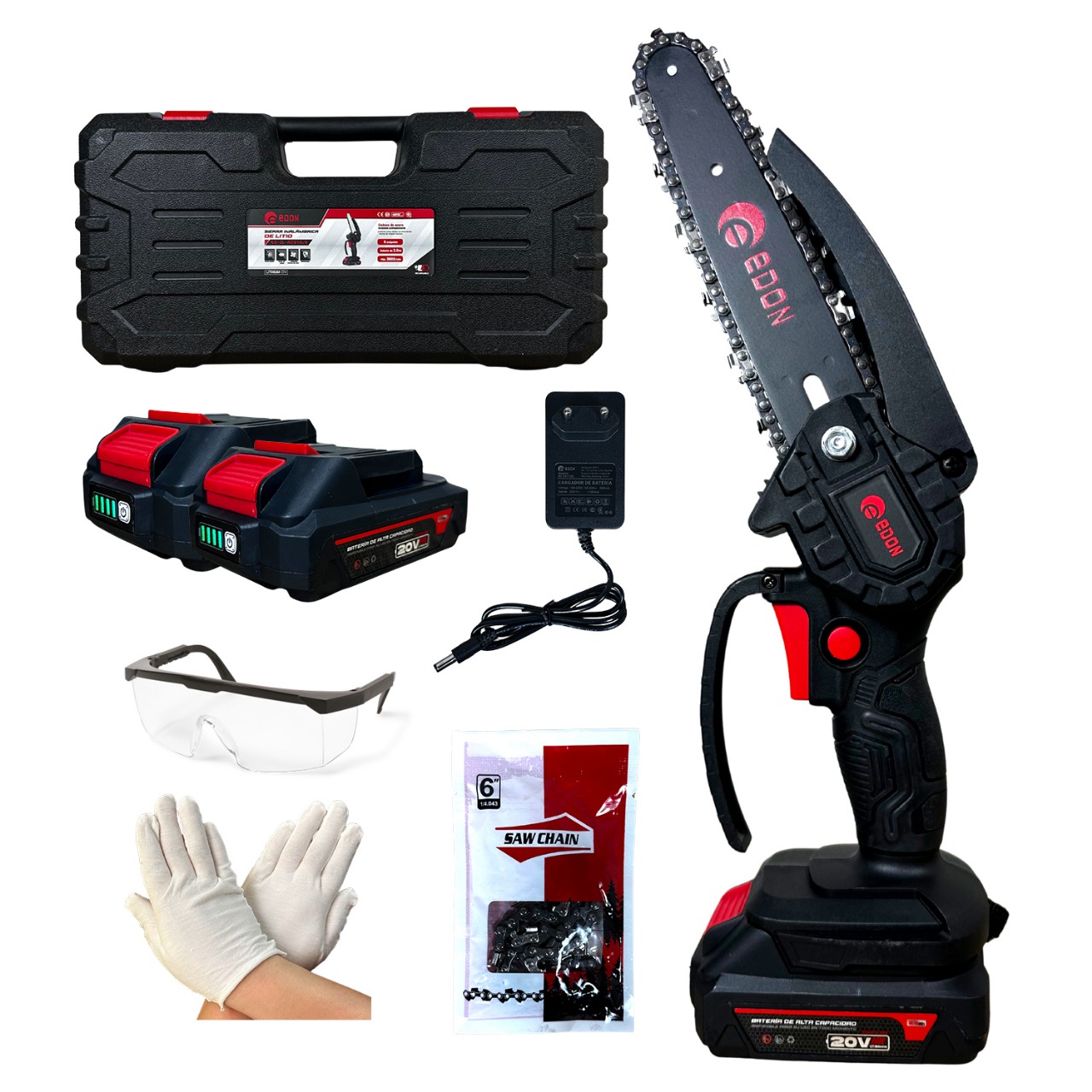 Motosierra Inalámbrica EDON 6" 21V + Kit Completo (2 Baterías y Accesorios)