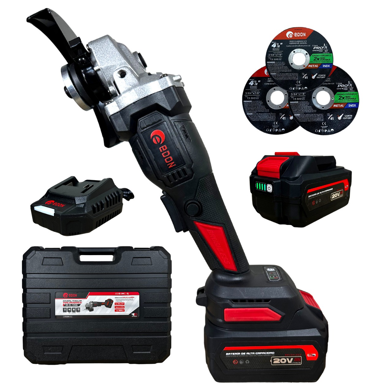 Esmeril Angular Inalámbrico EDON 4 1/2" (125mm) 20V + Batería 4.0 Ah y Cargador