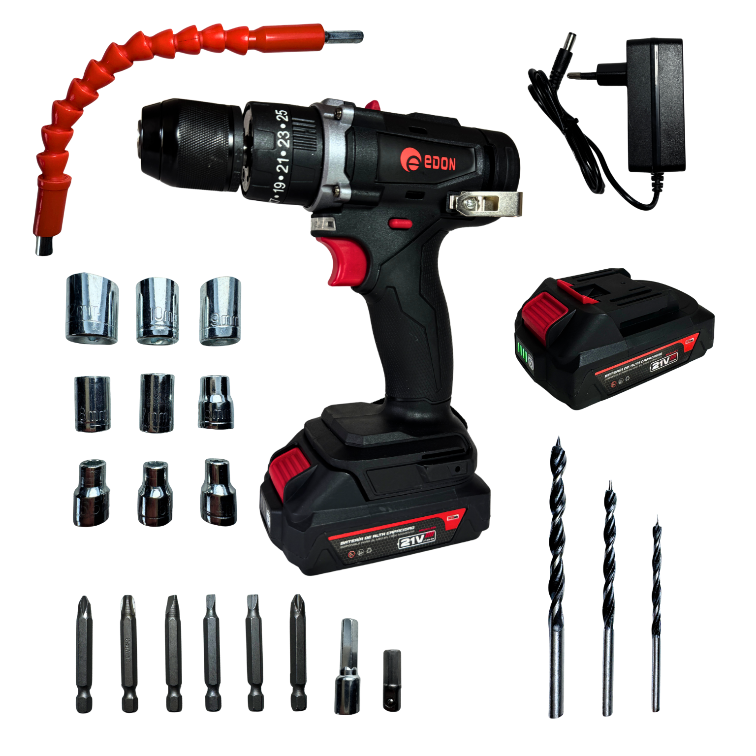 Taladro Atornillador Inalámbrico EDON 10mm 21V + Kit Completo (2 Baterías y Maletín)