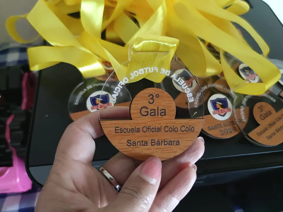 Medalla de acrílico, madera y logo  2