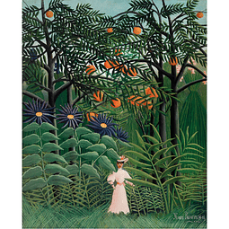 Mujer caminando en un bosque exótico 