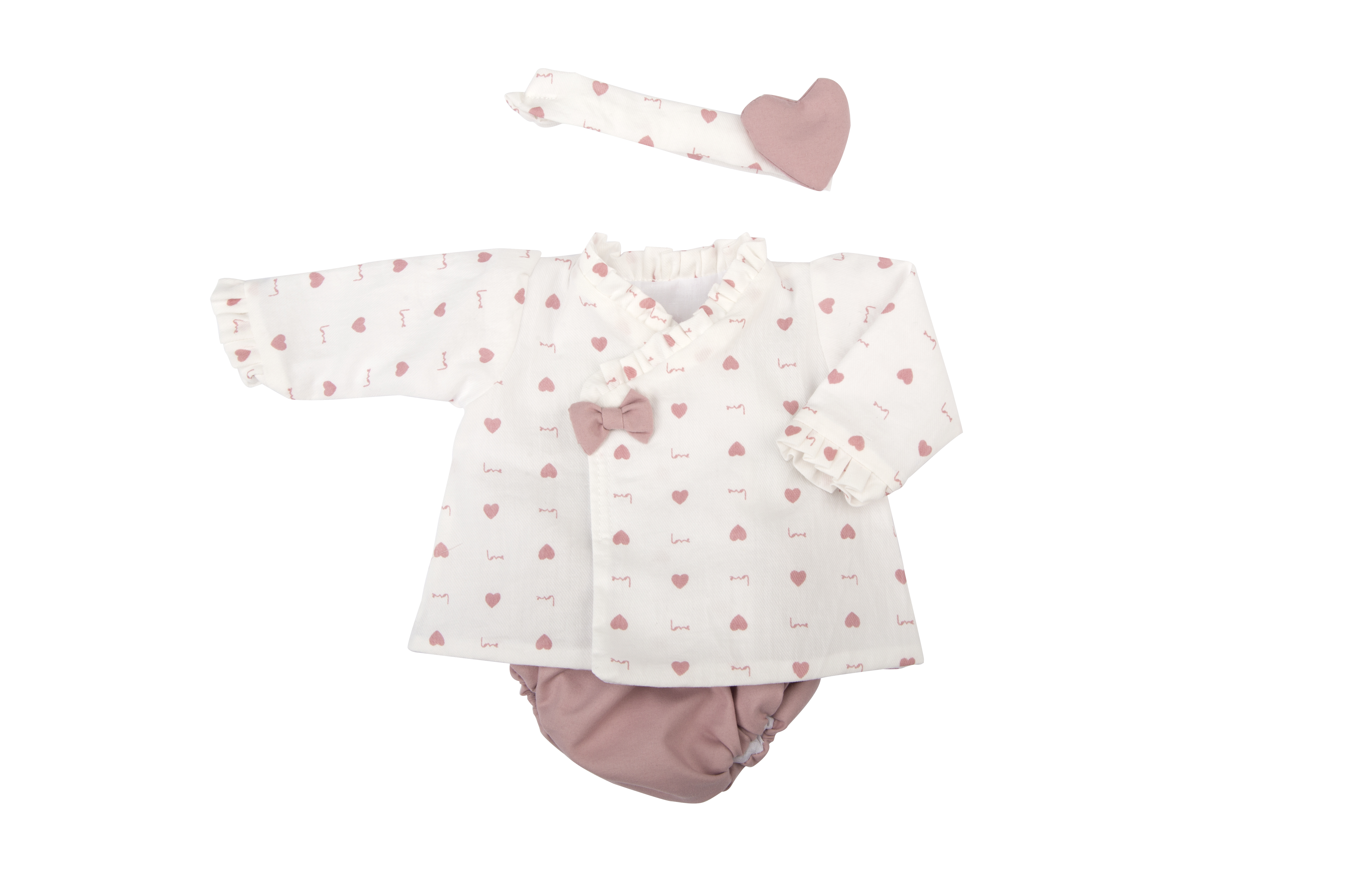 Vestido manga larga con pañal y listón Corazones 45 cm
